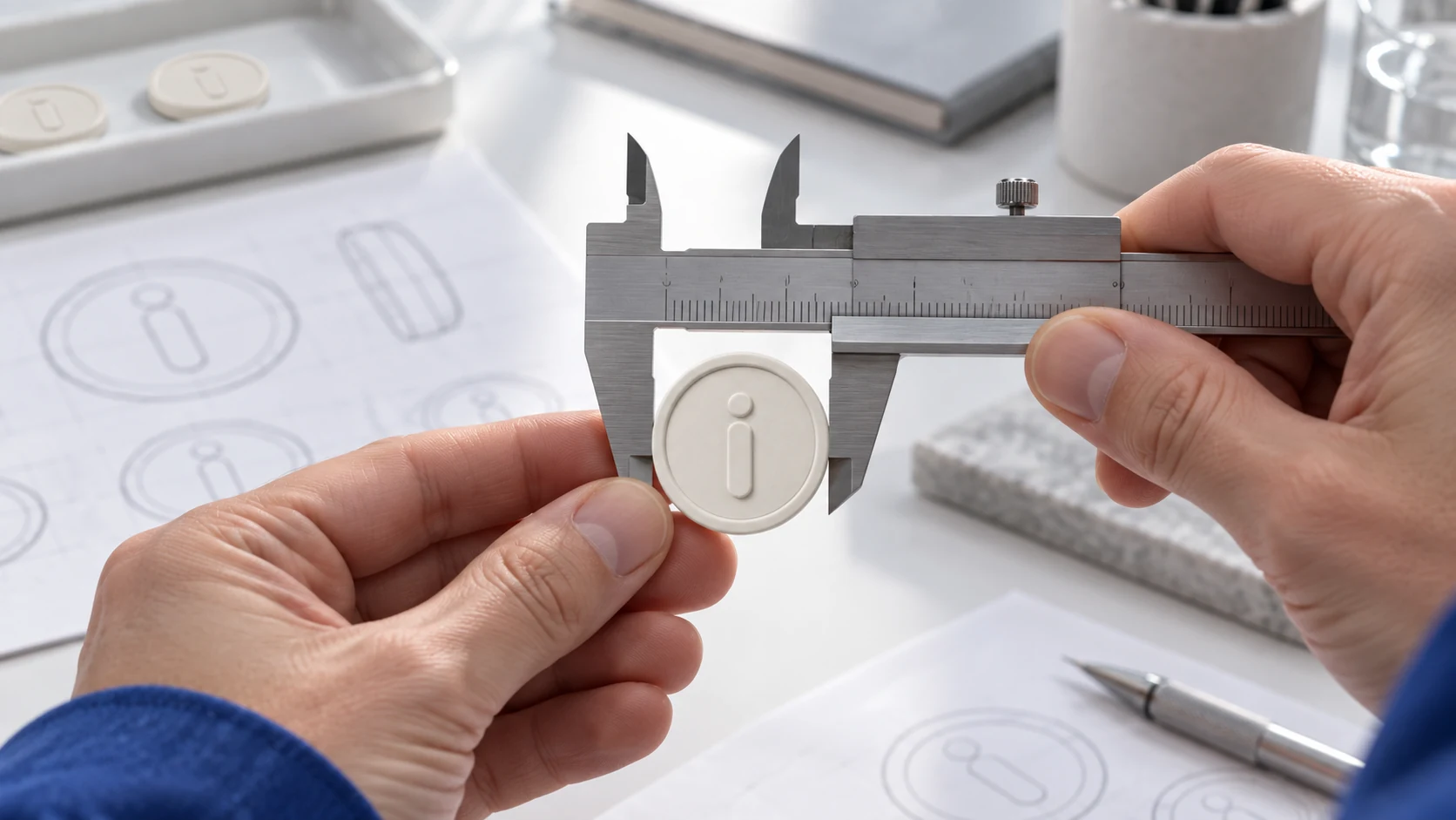 A designer measures iCoin with precision calipers beside studies of circles