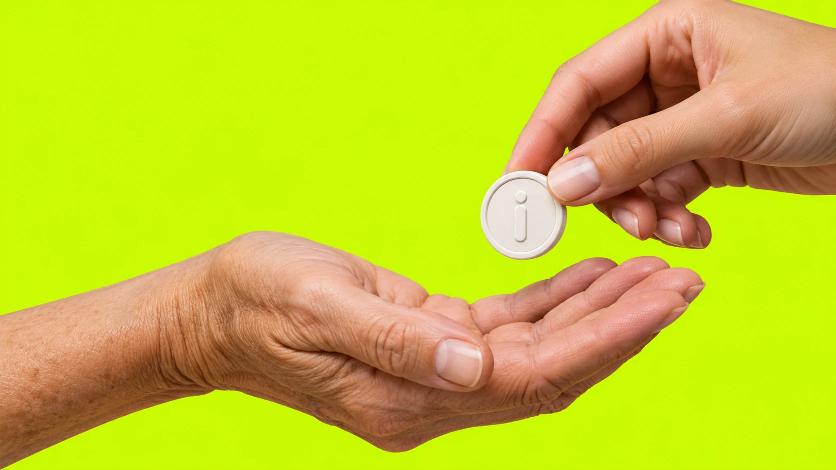 One generation passes a Ceramic White iCoin to another against electric green