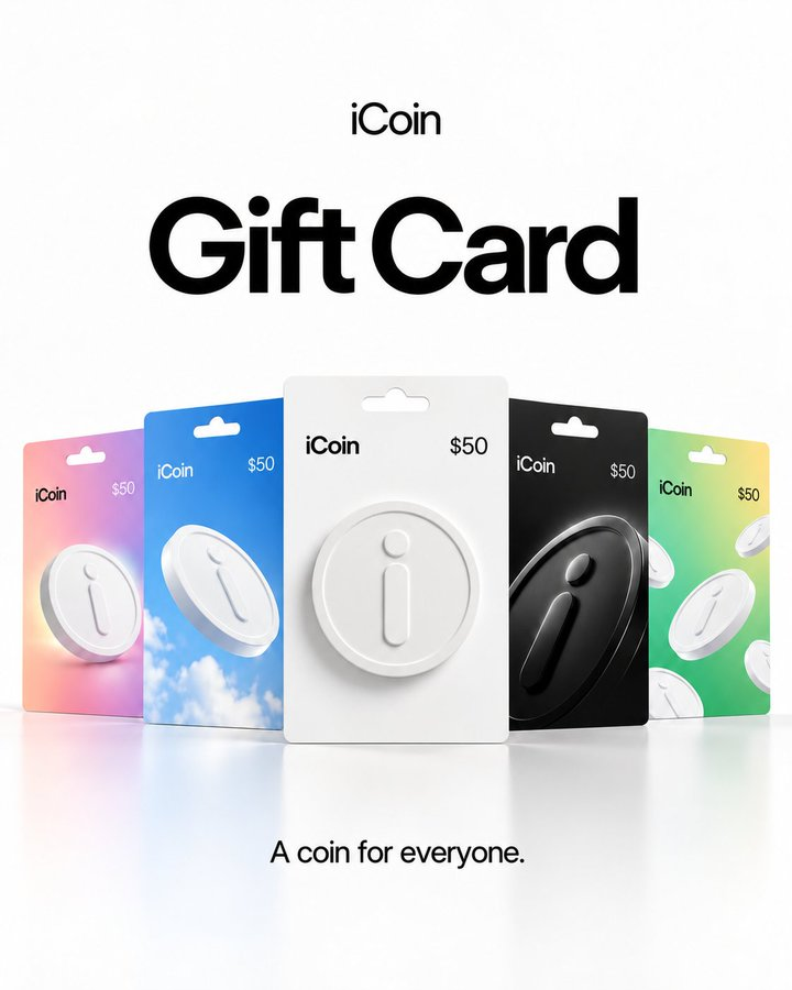 iCoin Gift Card artwork: five $50 card designs in pastel, blue sky, white, black and green, with the tagline A coin for everyone.