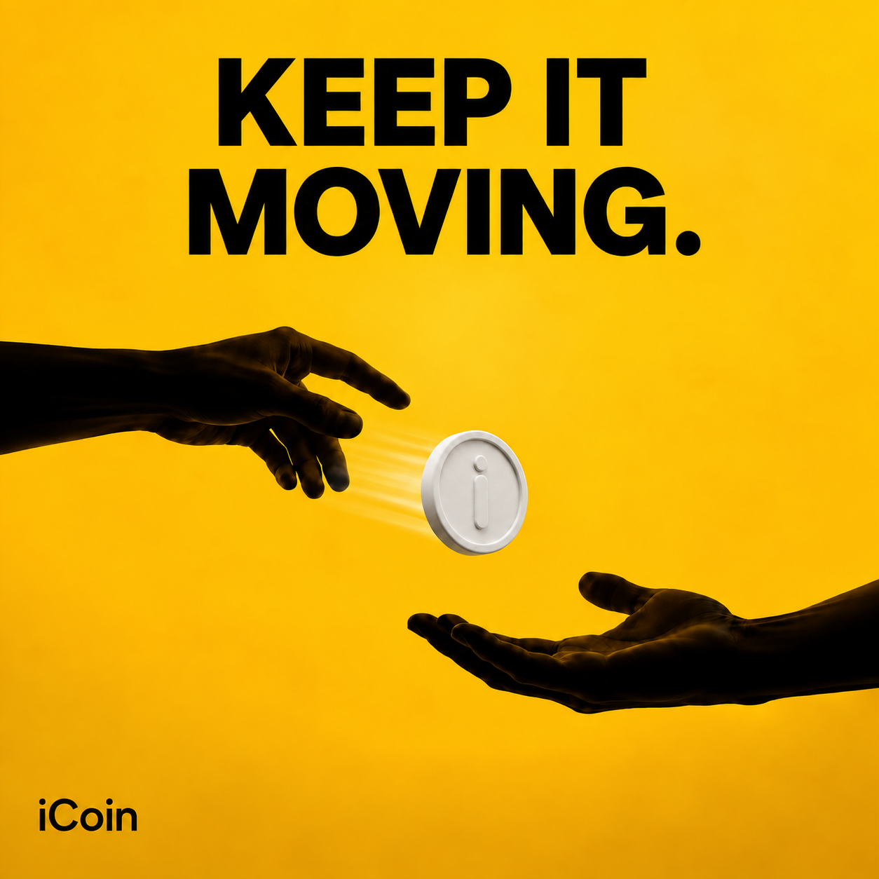 Ceramic White iCoin passed between silhouetted hands